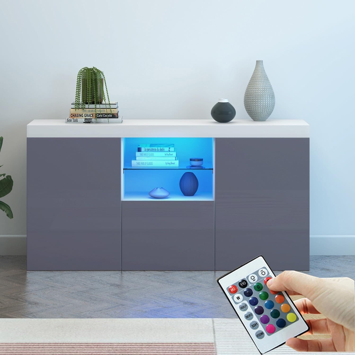 High Gloss Grey Sideboard Cabinet with LED Lights 3 Doors Storage Unit