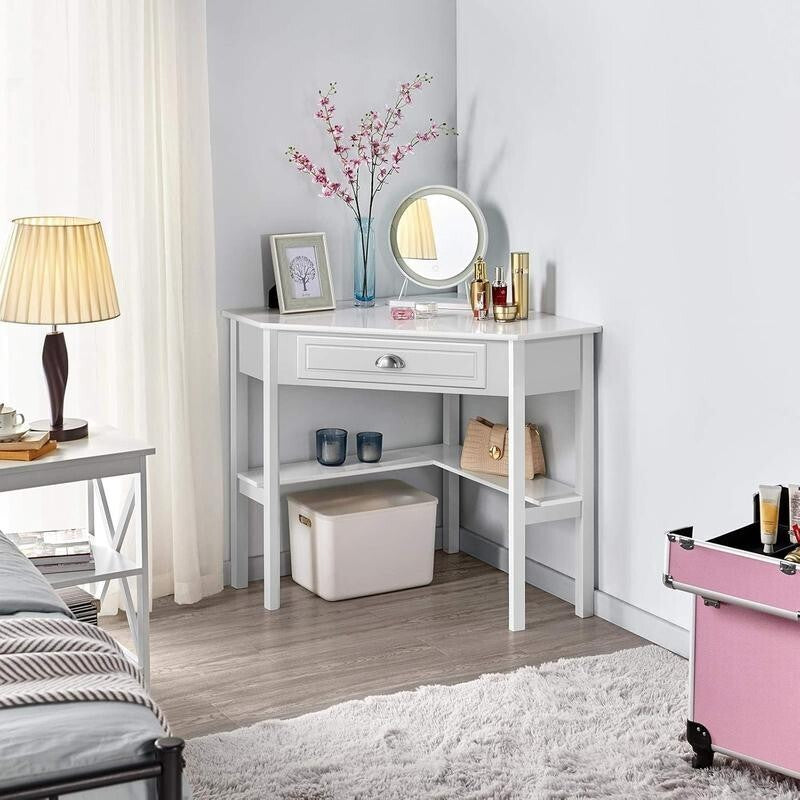 White Corner Desk 106cm L-Shaped Table with Drawer & Shelves for Small Room