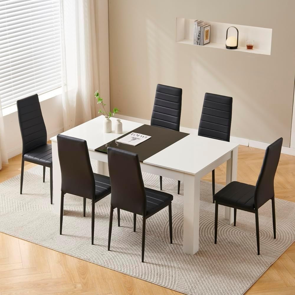 White 7-Piece Dining Table Set with Black Leather Chairs – Space-Saving