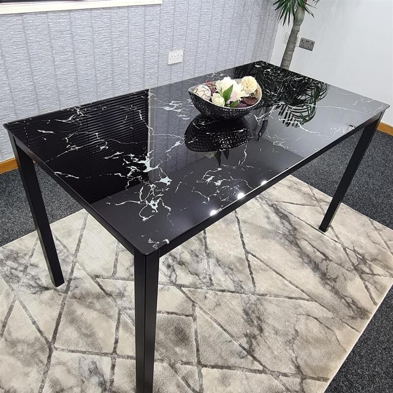 Black Glass Dining Table for 4 Modern Rectangular Kitchen Room MDF 120cm