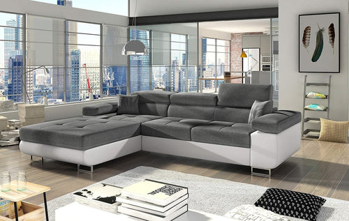 Modern Grey White Corner Sofa Bed Chaise with Cushion Back Padded Arms