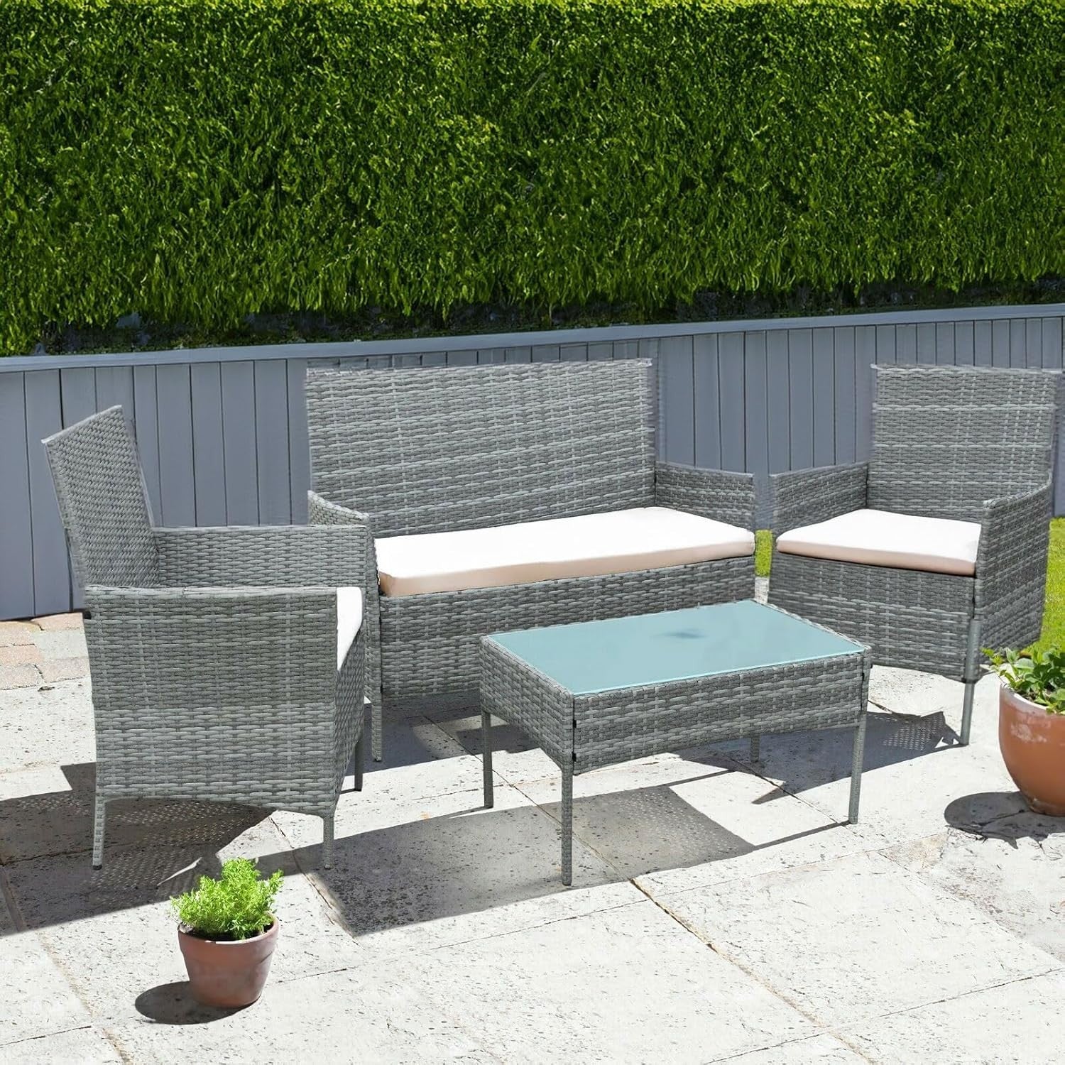 4 Piece Rattan Garden Furniture Set Sofa Chairs Glass Table Patio Balcony