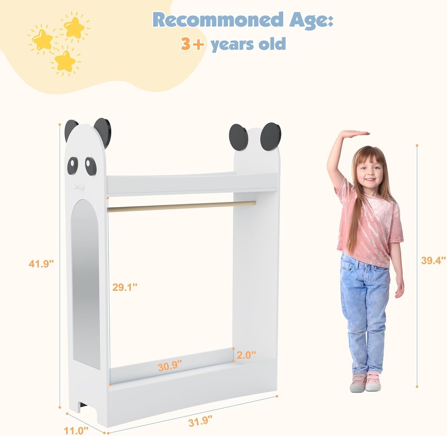 Kids Wardrobe with Mirror & Hanging Rail, Open Storage No Drawer White