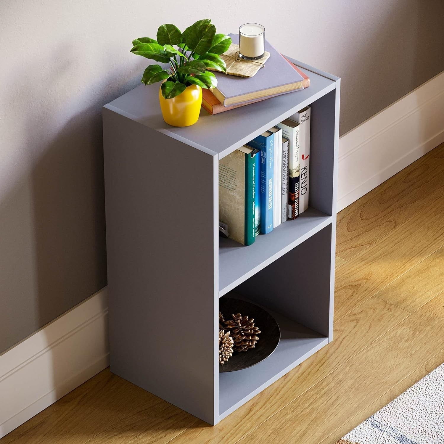 2 Tier Grey Wooden Cube Bookcase Small Storage Shelf for Living Room Office