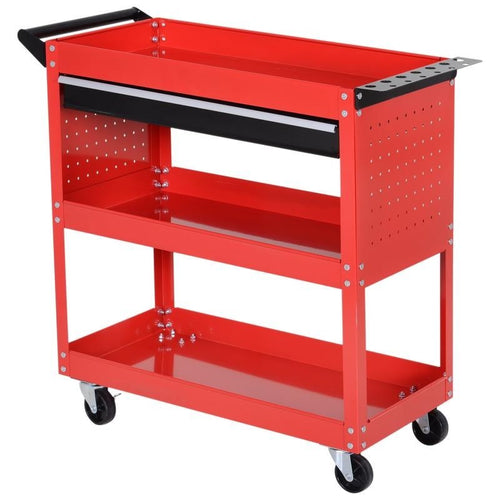 3-Tier Tool Trolley Cart with Drawer | Red Garage Workshop Storage Unit