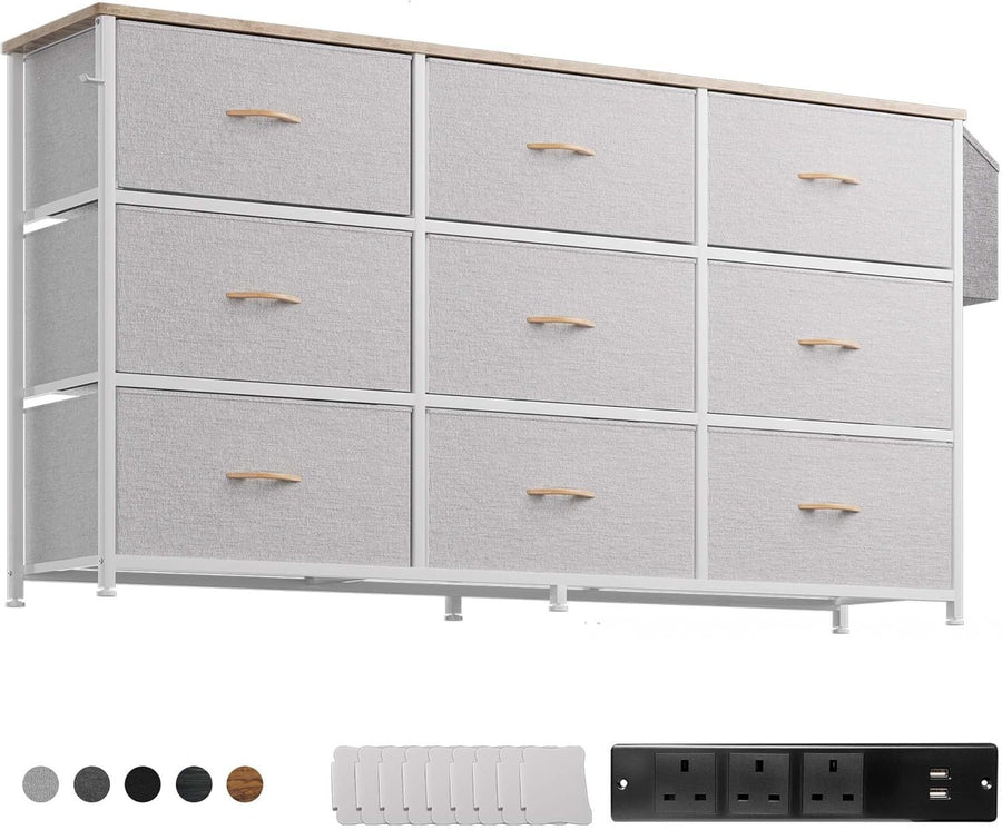 Large 9 Drawer Fabric Dresser TV Stand with Power Sockets Bedroom Storage