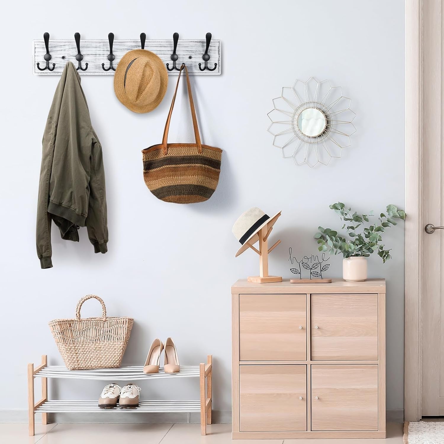 Grey Wooden Wall Mounted Coat Rack | 6 Hook Heavy Duty Hallway Hanger Shelf