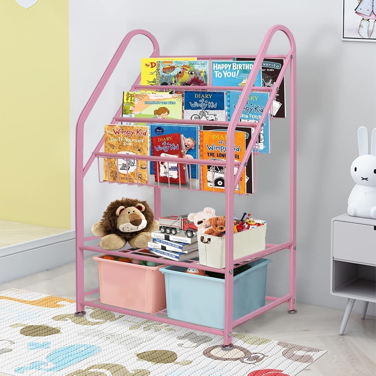 Kids Medium Leaning Bookshelf & Toy Organizer Rack – Durable Metal, Pink