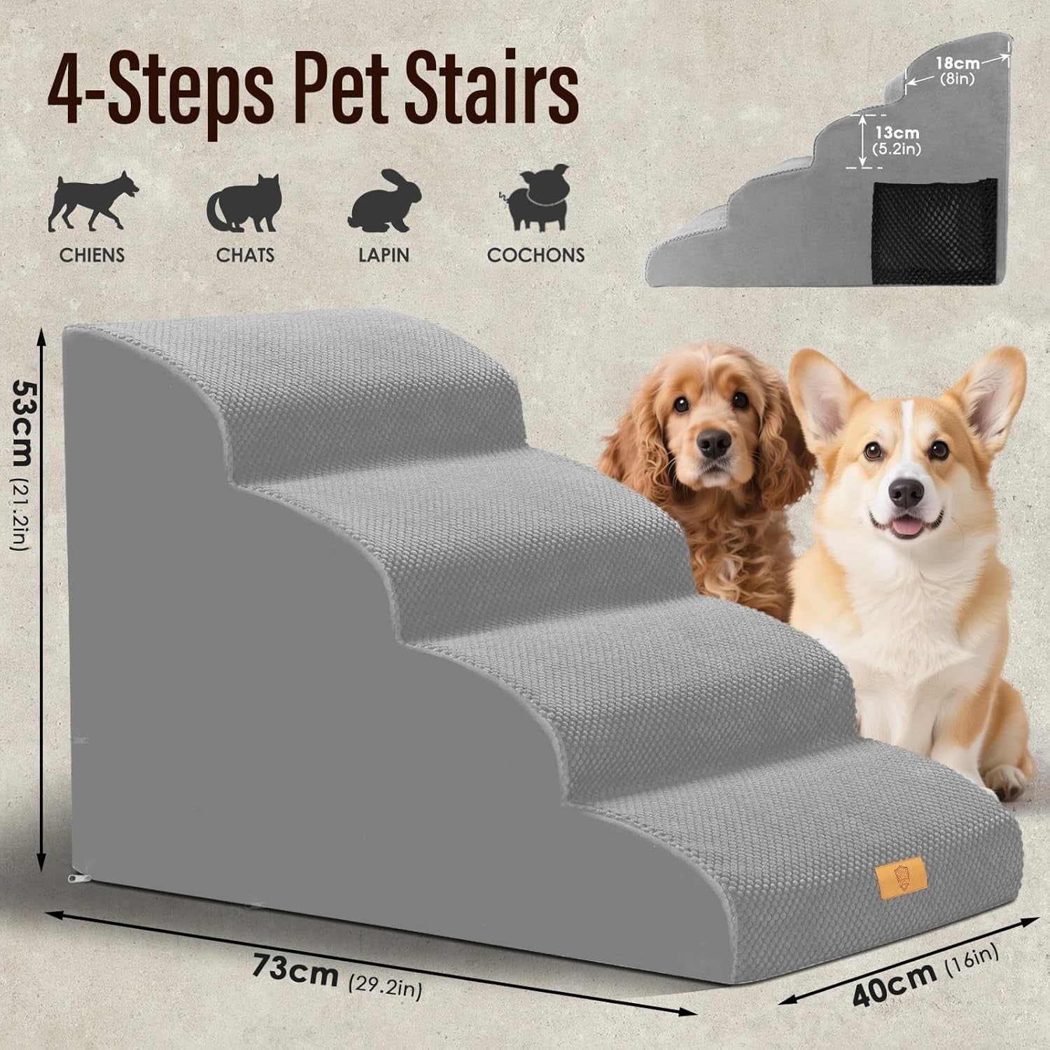 Grey 4 Step Dog Ramp Stairs 30D Foam Non Slip 73x40x51cm
