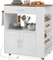 Kitchen Island Trolley with Power Outlet Cabinet White