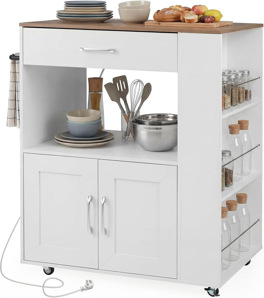 Kitchen Island Trolley with Power Outlet Cabinet White