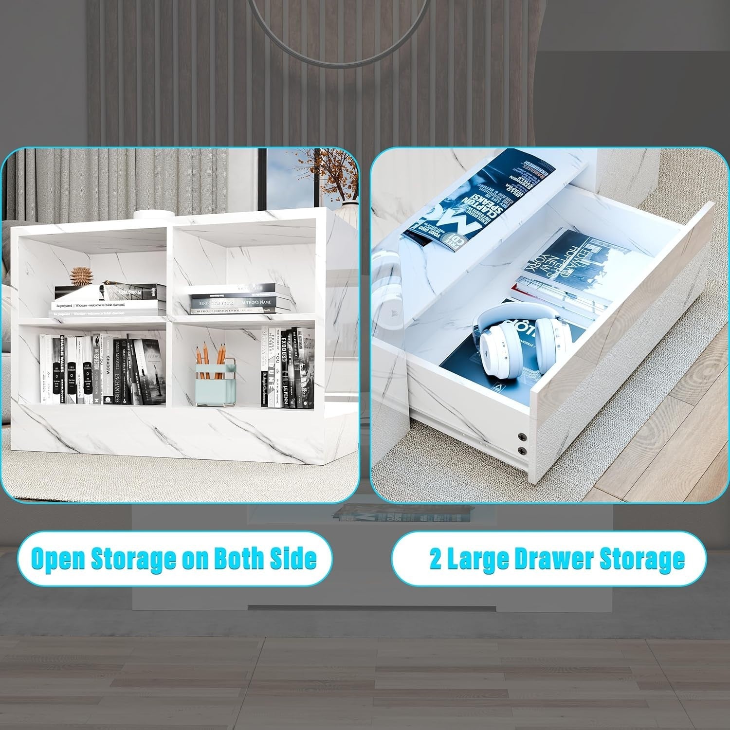 Blisswood LED Coffee Table with 2 Drawers, Open Shelf & High Gloss White Marble