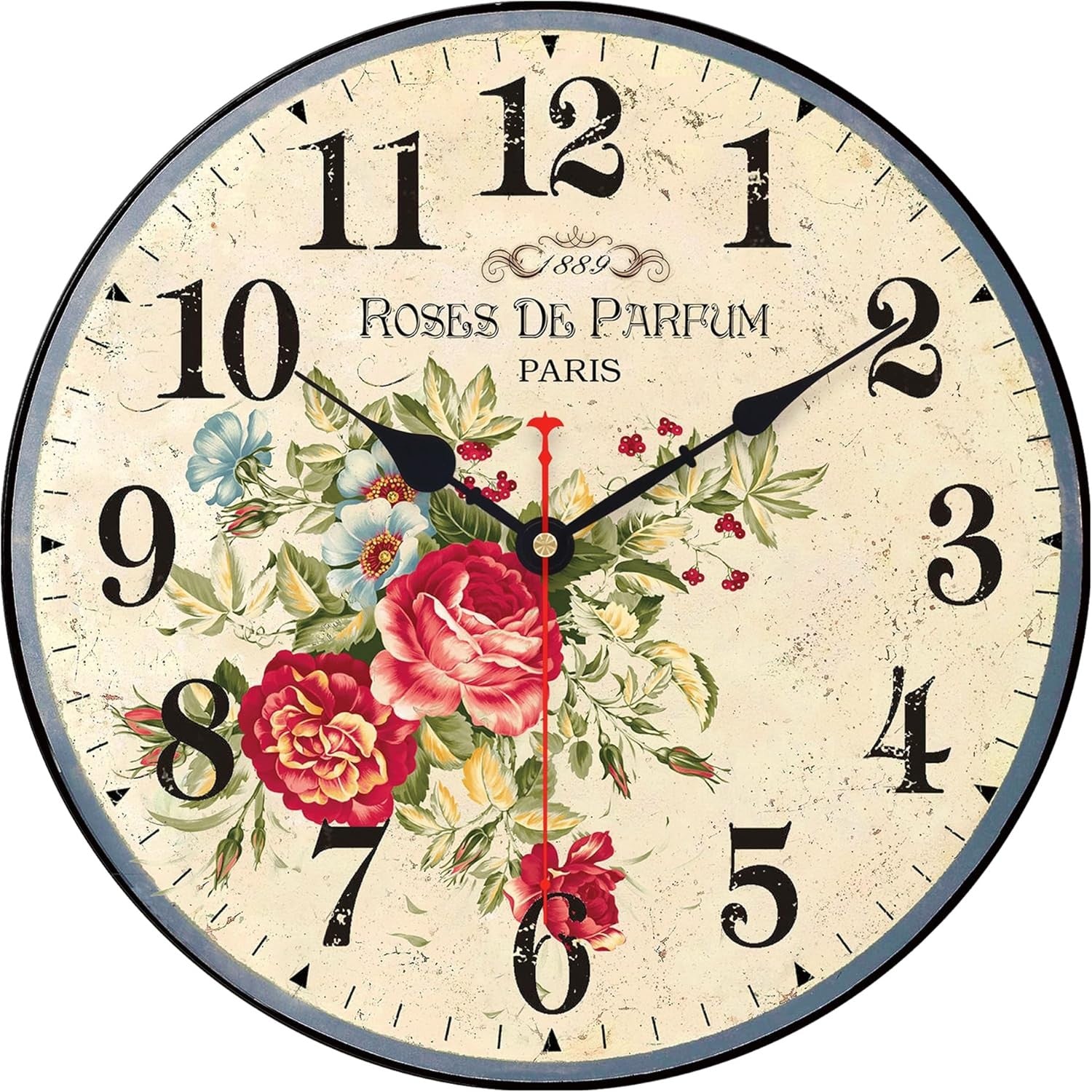 14” Vintage Floral Wall Clock Silent Non-Ticking Wooden Rustic Arabic Numeral
