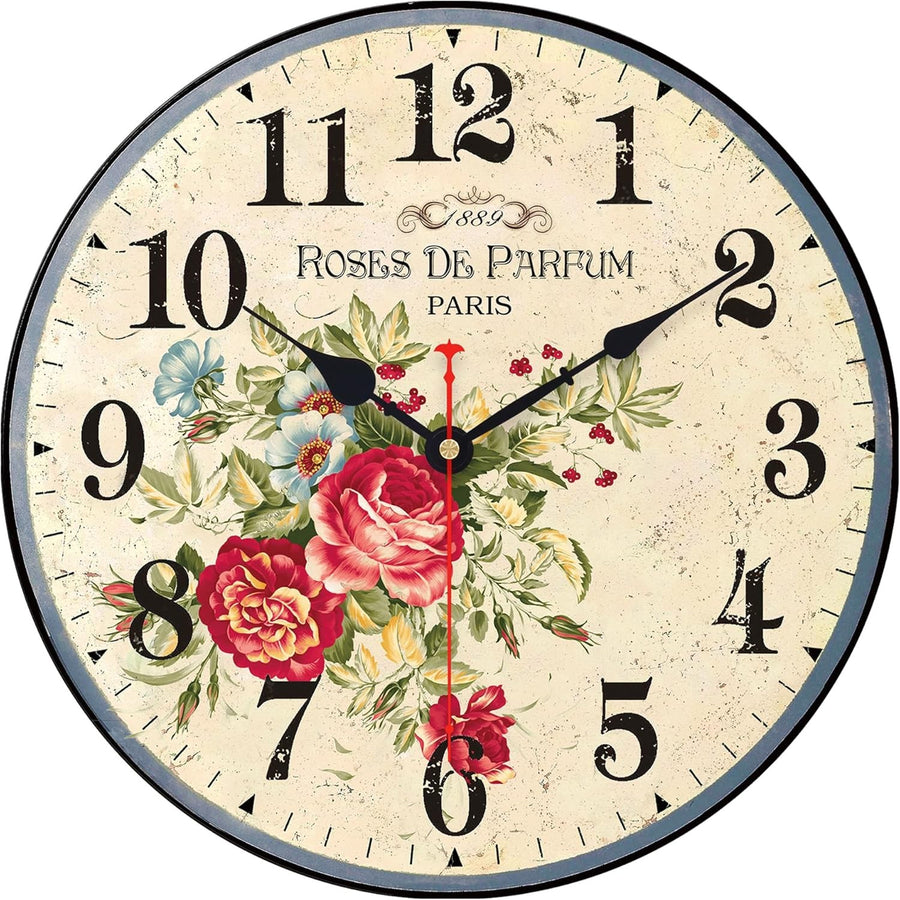 14” Vintage Floral Wall Clock Silent Non-Ticking Wooden Rustic Arabic Numeral