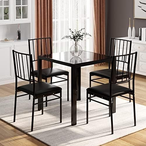 75cm Square Glass Dining Table Black Tempered Metal Frame Kitchen Table