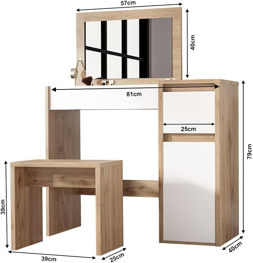 Makeup Vanity Desk with Flip-Up Mirror Storage Drawer Stool Oak/White