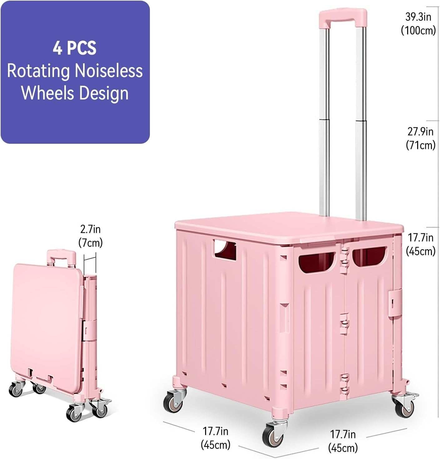 65L Foldable Shopping Trolley 4 Rotating Wheels Collapsible Cart with Lid Pink