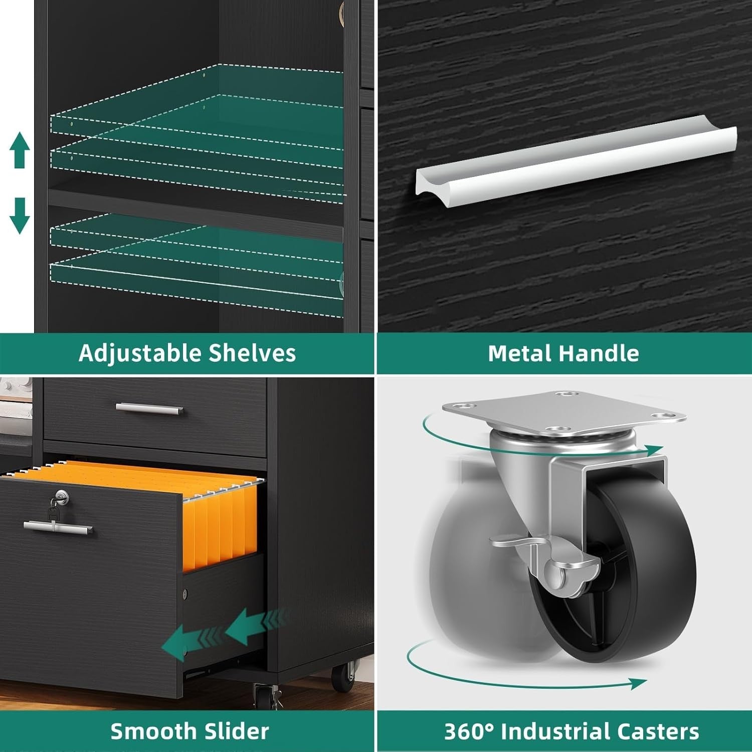Black Rolling File Cabinet 80x40x65cm 3 Drawer Printer Stand