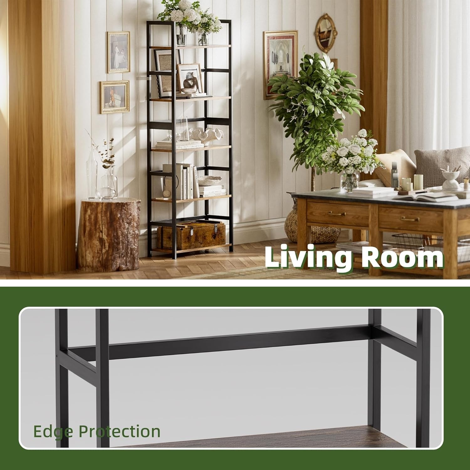 5-Tier Rustic Industrial Bookshelf, Tall Bamboo Frame Display Storage Unit