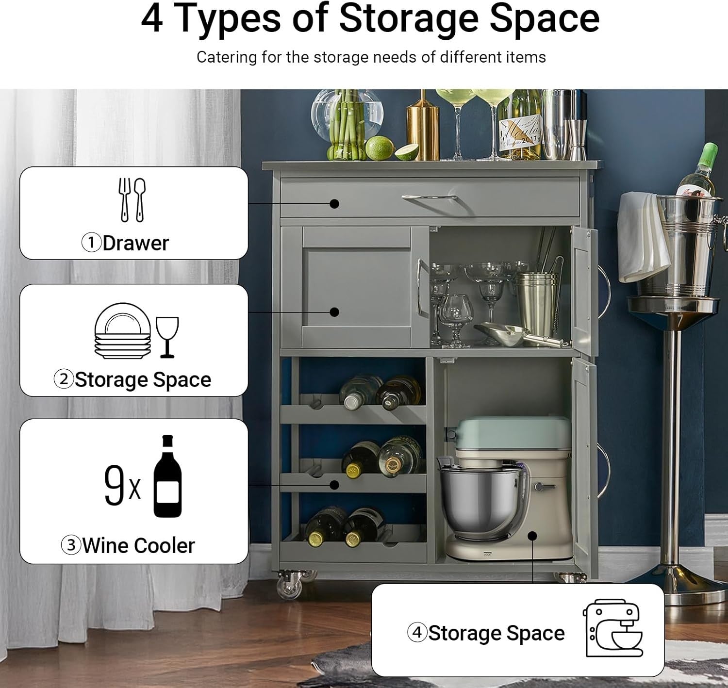 67x38x86cm Grey Kitchen Trolley Wine Rack Cart