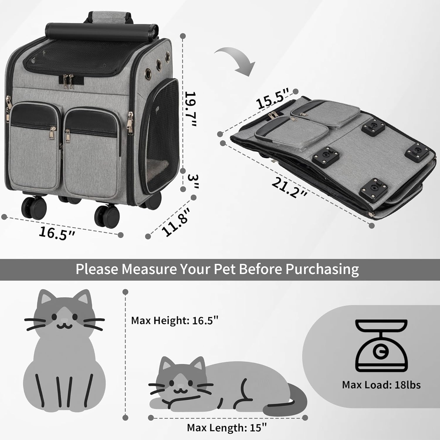 Cat Carrier with Wheels 3-in-1 Backpack Trolley Travel Bag Grey