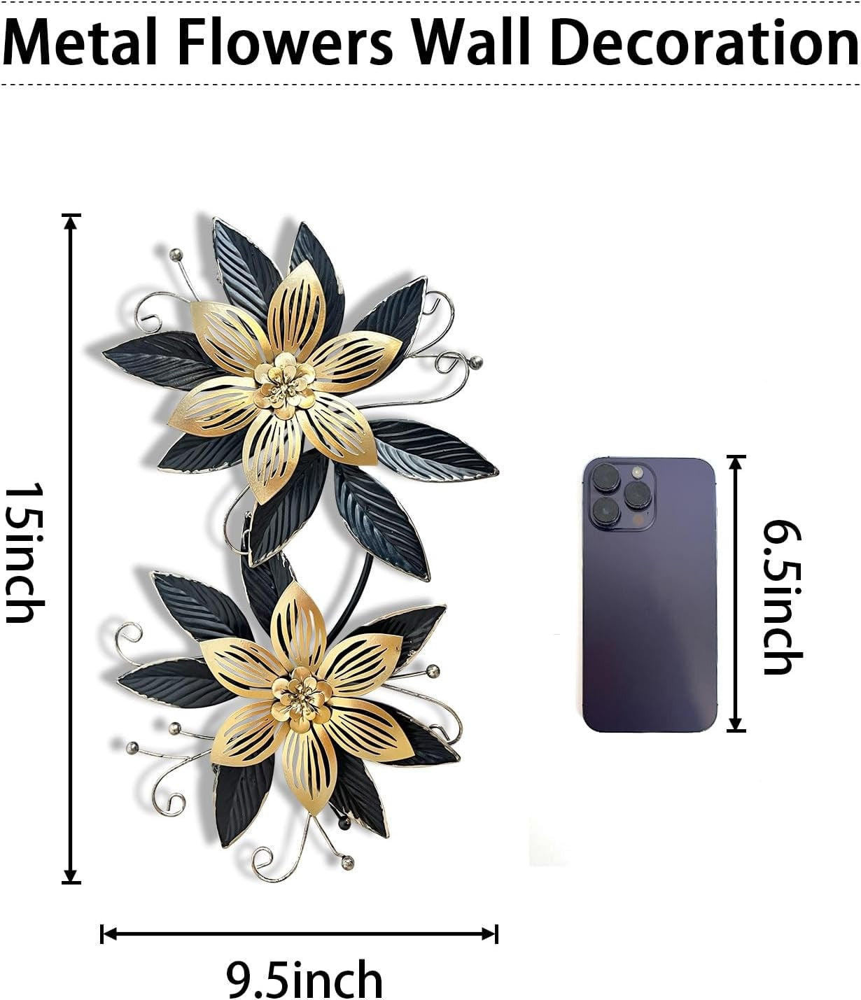 Black Gold Metal Flowers Wall Art 15 in 3D Multi-Layer Home Decor