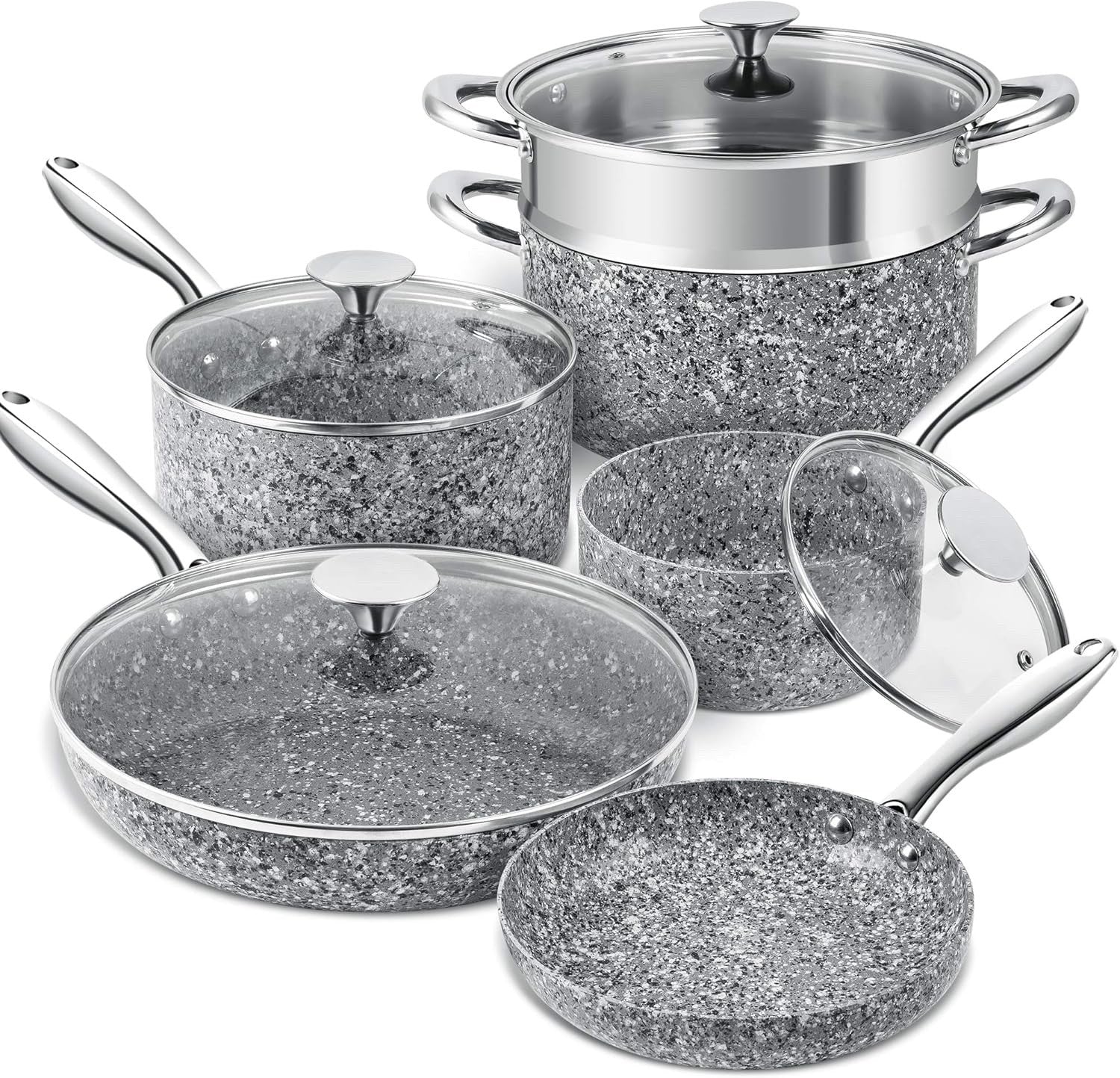10Pcs Grey Granite Non Stick Cookware Set with Lids Induction Safe Pack Size