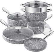 10Pcs Grey Granite Non Stick Cookware Set with Lids Induction Safe Pack Size