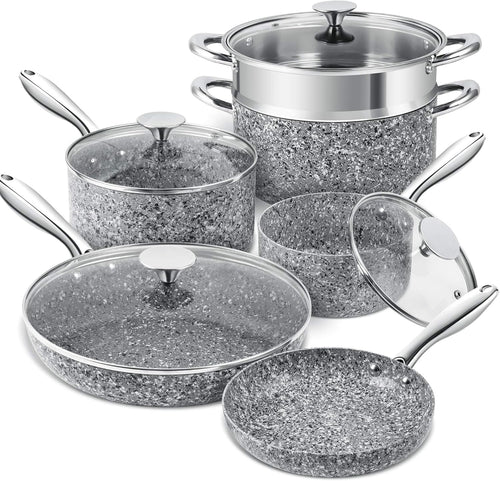 10Pcs Grey Granite Non Stick Cookware Set with Lids Induction Safe Pack Size