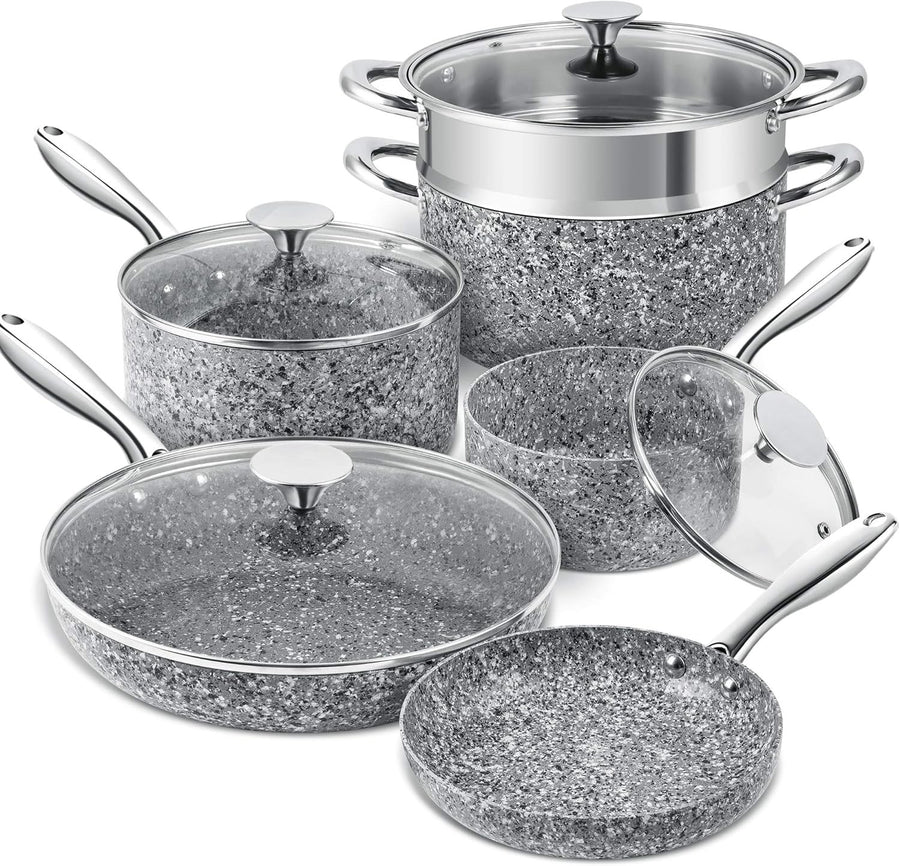 10Pcs Grey Granite Non Stick Cookware Set with Lids Induction Safe Pack Size