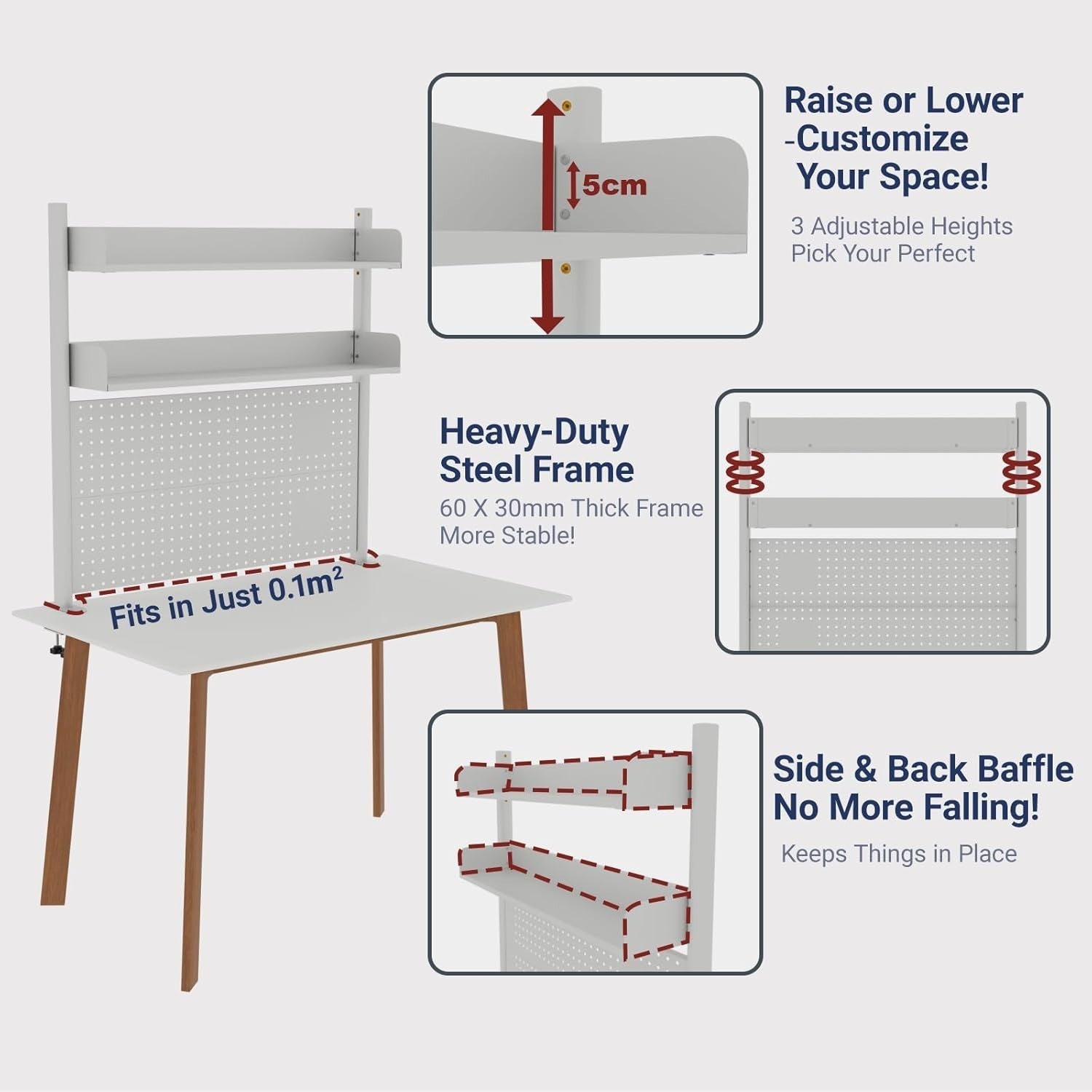 Clamp-On Desk Shelf 2-Tier White 100cm Organizer Pegboard Heavy-Duty Storage