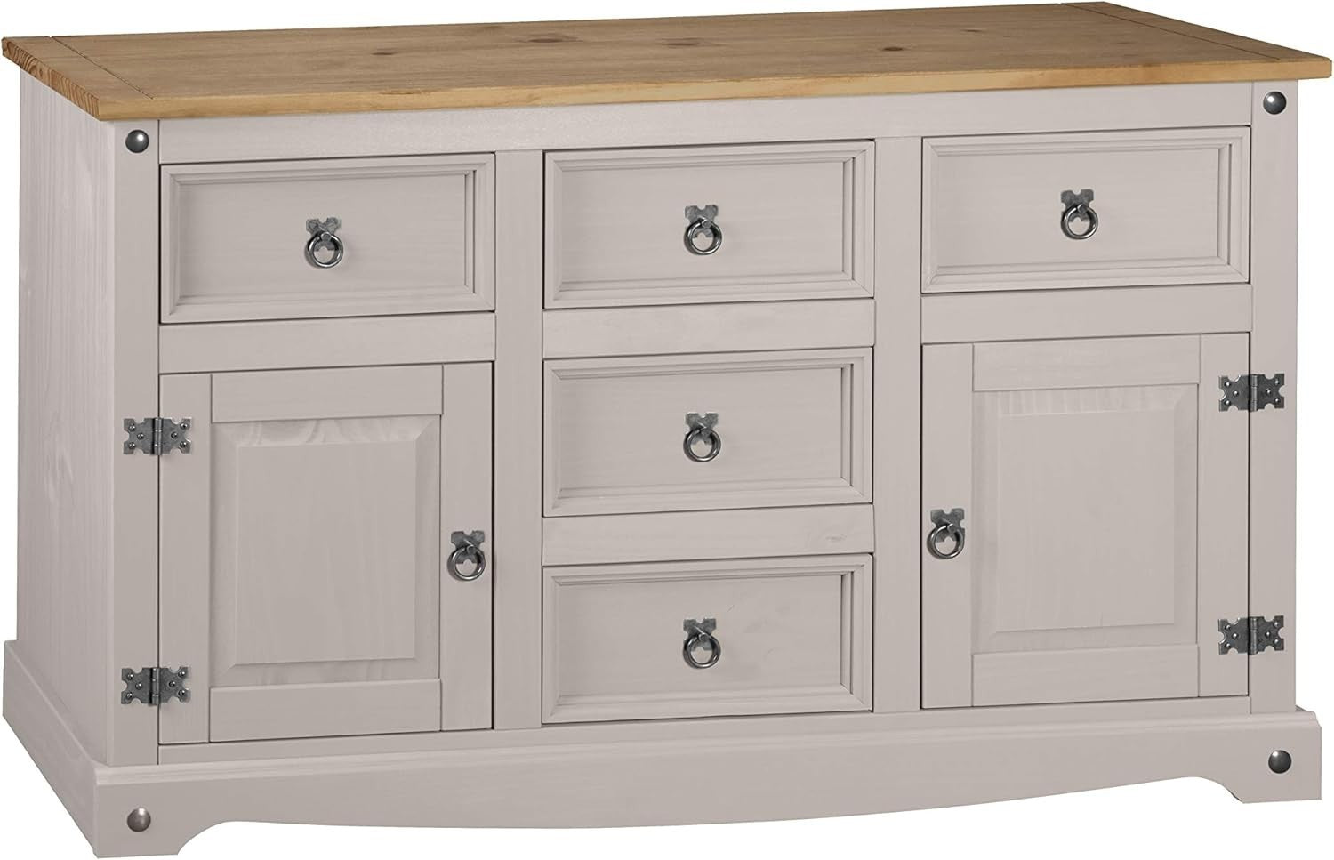 Grey Pine Sideboard Cabinet 2 Doors 5 Drawers Storage Rustic Solid Wood Unit