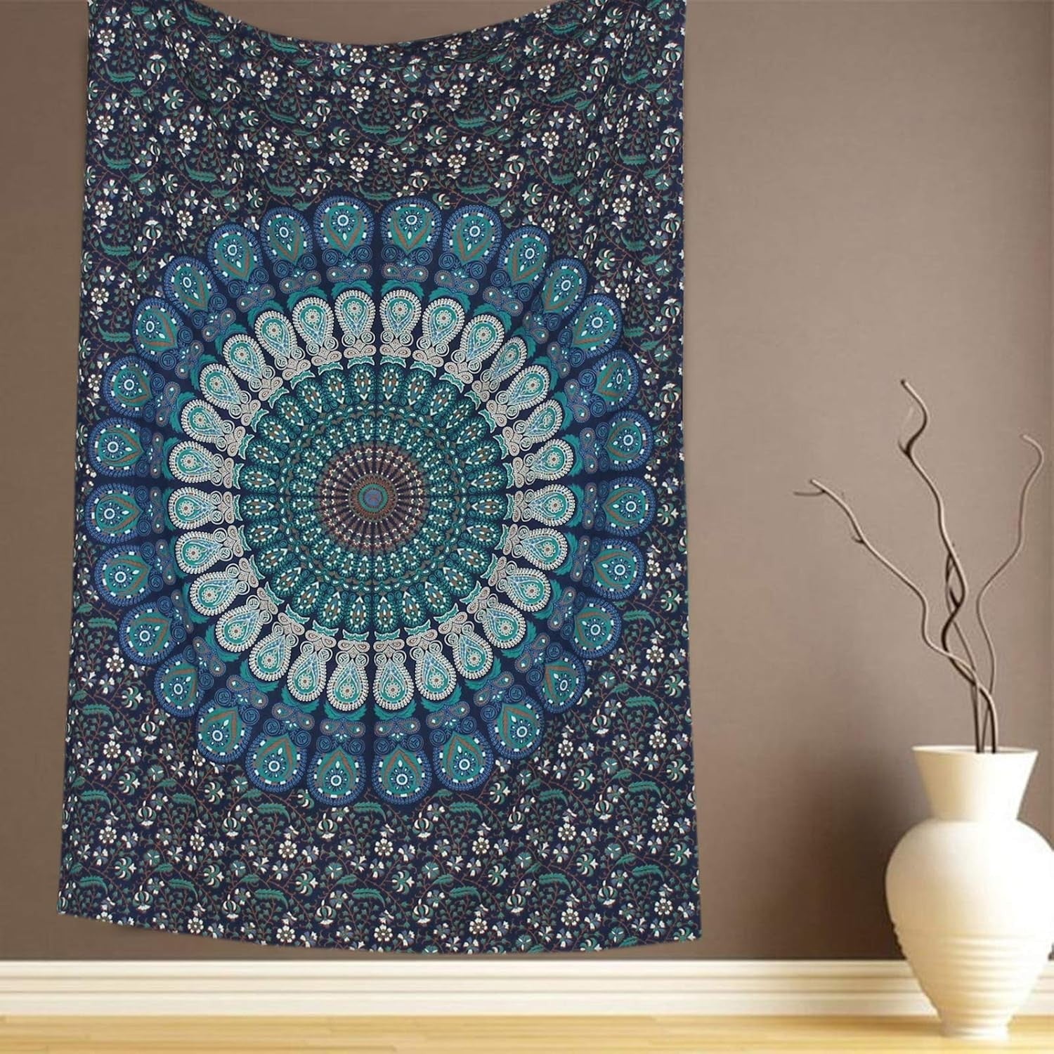 Blue Mandala Tapestry 54x82in Twin Boho Wall Hanging Cotton