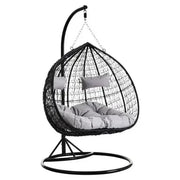 Double Hanging Egg Chair Black Rattan Swing Seat with Grey Cushions Outdoor