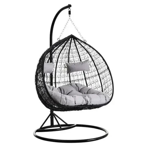 Double Hanging Egg Chair Black Rattan Swing Seat with Grey Cushions Outdoor