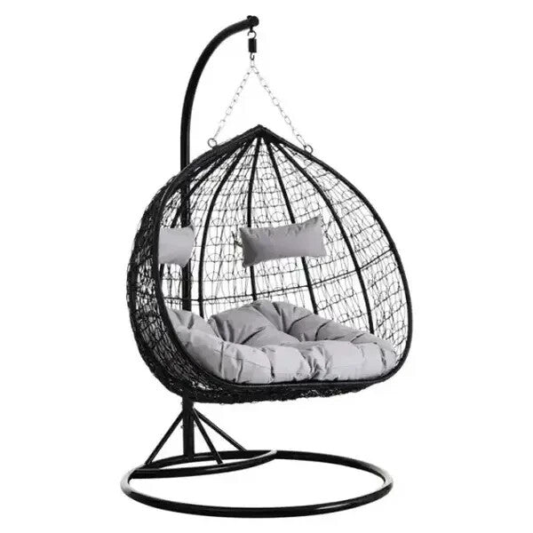 Double Hanging Egg Chair Black Rattan Swing Seat with Grey Cushions Outdoor