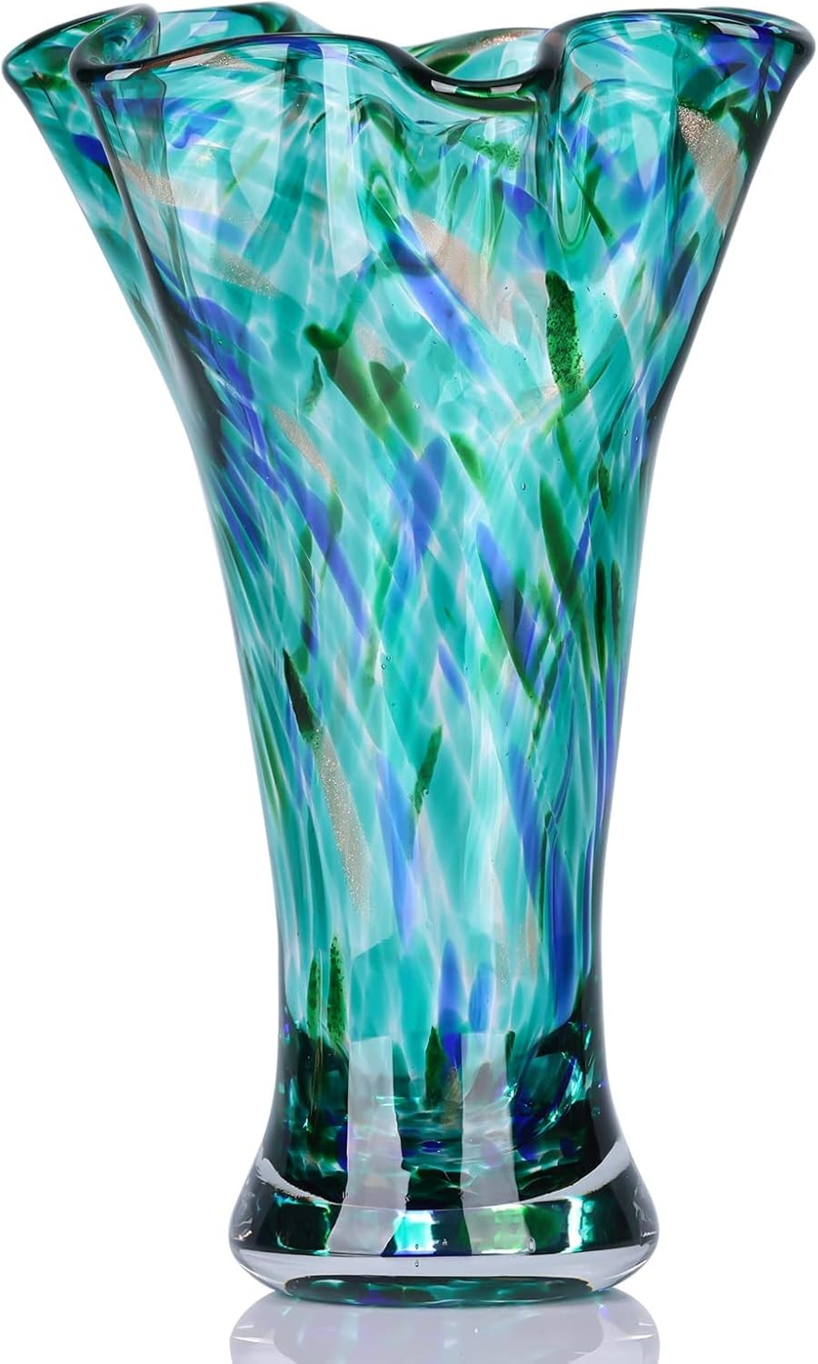 Teal Hand Blown Glass Vase Wide Mouth Flower Centerpiece Home Décor