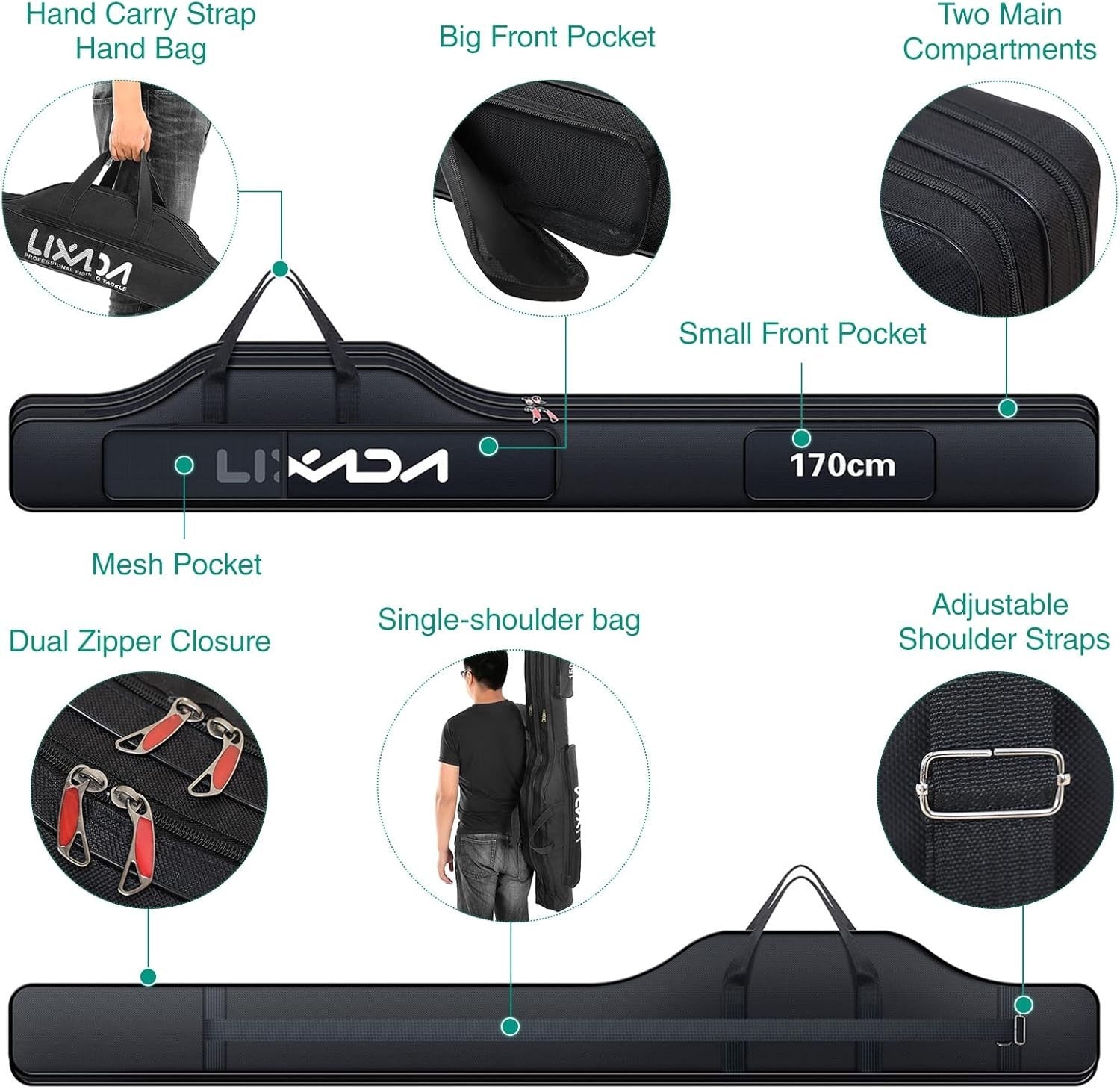 170cm Fishing Rod Reel Bag Portable Tackle Case with Shoulder Strap
