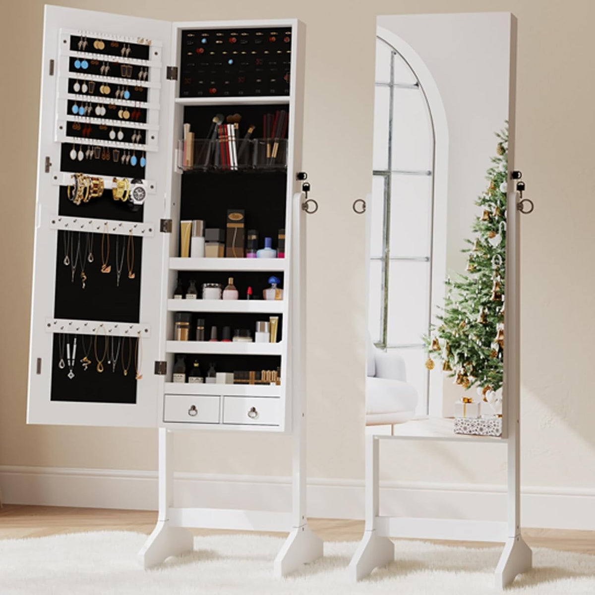 White Jewellery Mirror Cabinet Lockable Full Length Storage Adjustable Angles