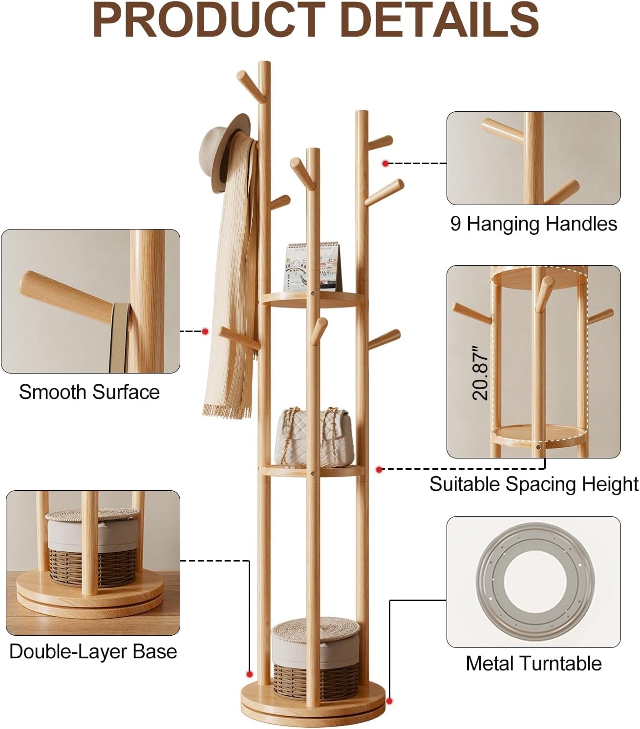 Wooden Coat Rack Stand with 3 Shelves | 360° Rotating Hall Tree 9 Hooks