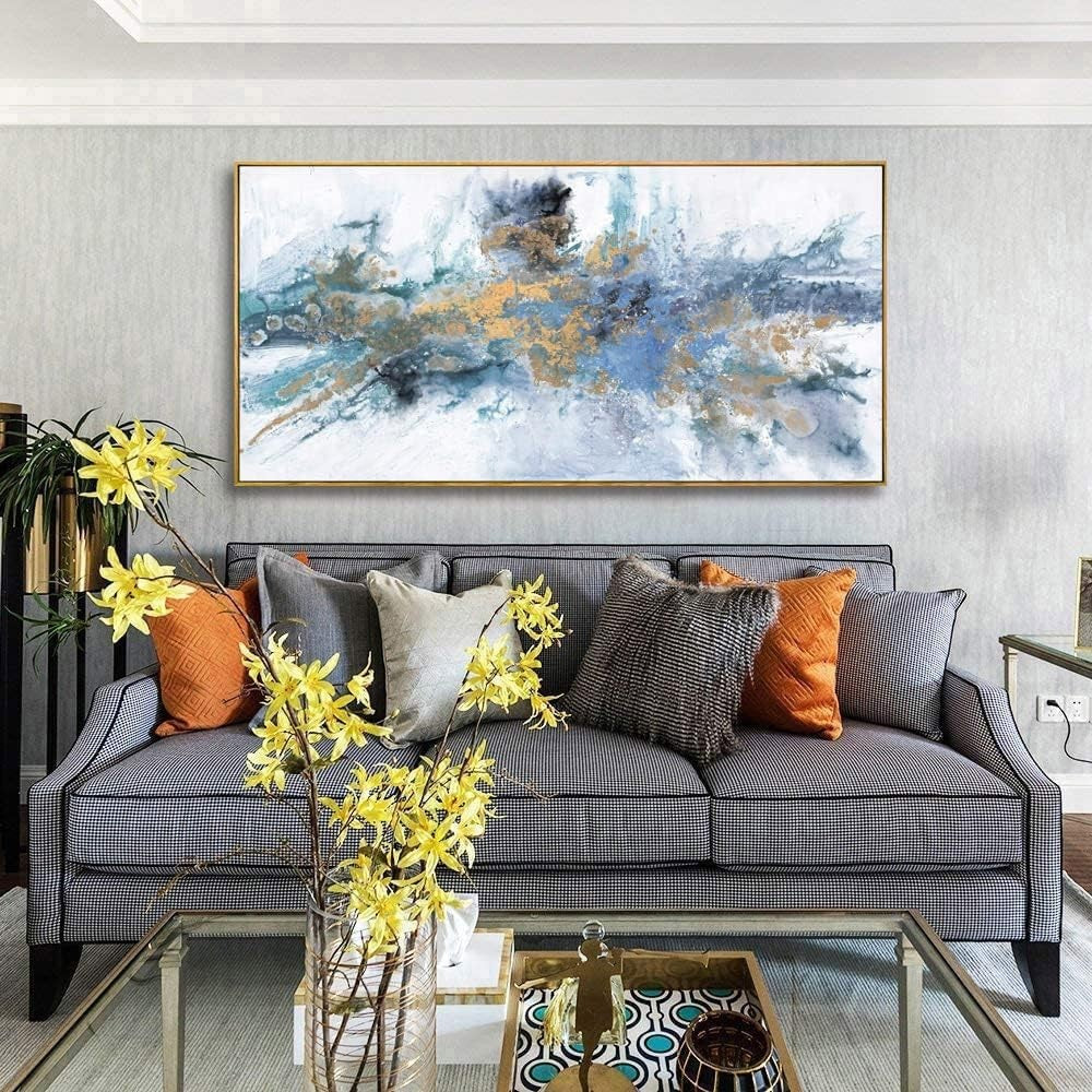Large Abstract Wall Art Canvas – Modern Navy Blue Yellow Painting