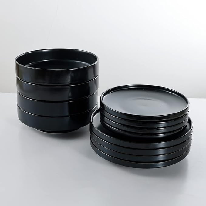 12pc Black Ceramic Dinner Plates Matte Glaze Microwave Dishwasher Safe