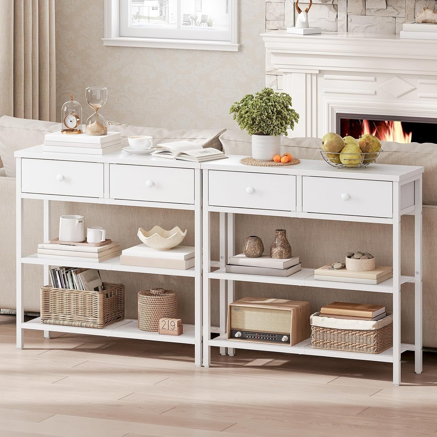 Slim White Console Table with 2 Drawers & Mesh Shelves – Space-Saving Storage