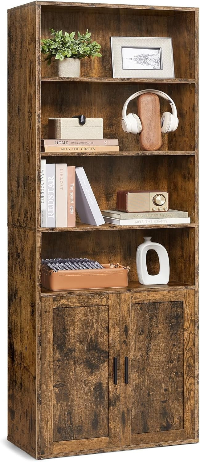 6-Tier Rustic Brown Bookshelf with Doors, Adjustable Shelves, 24x60x175 cm