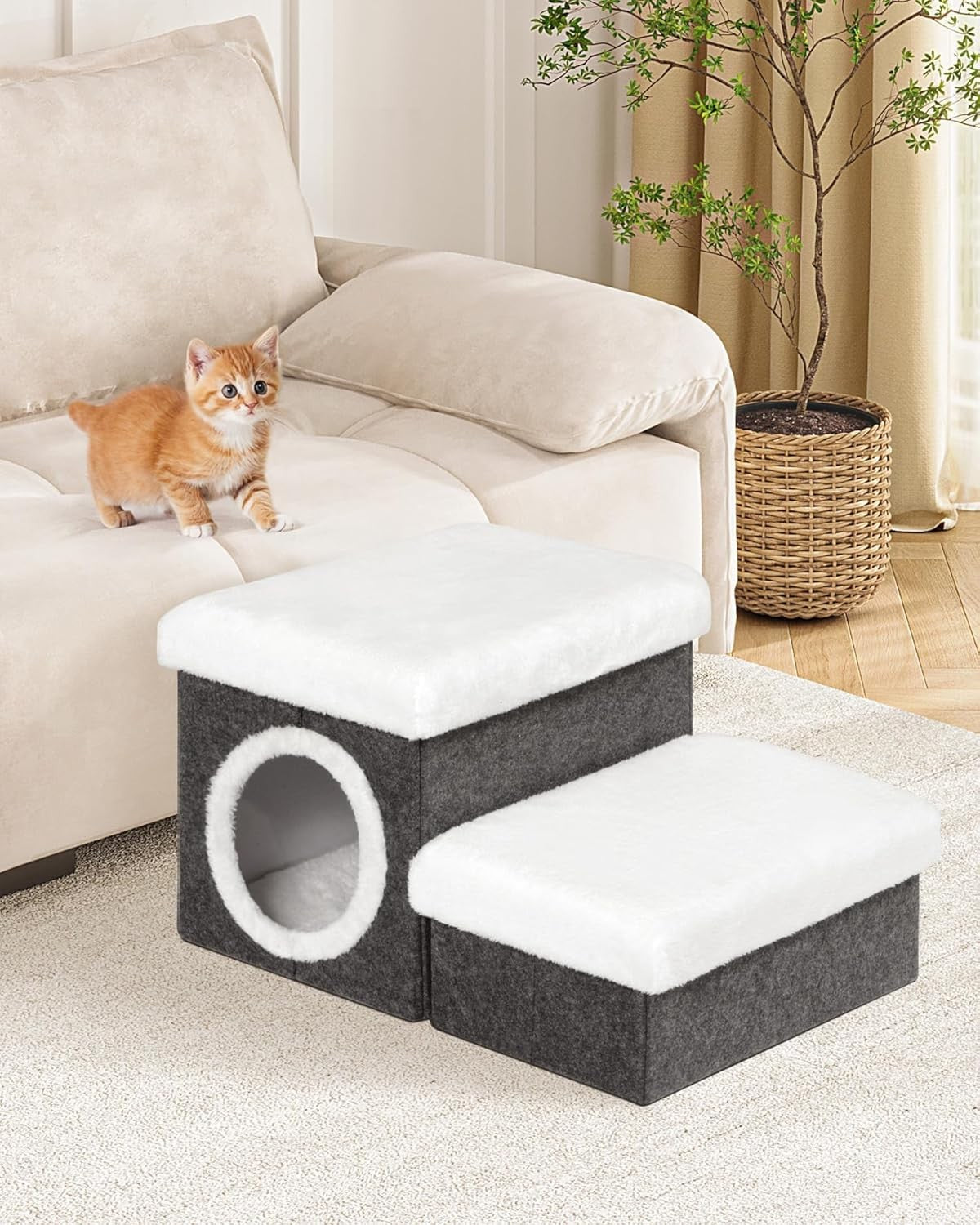 Foldable Cat & Dog Stairs 2-Tier Pet Steps with Storage 58x40x32cm