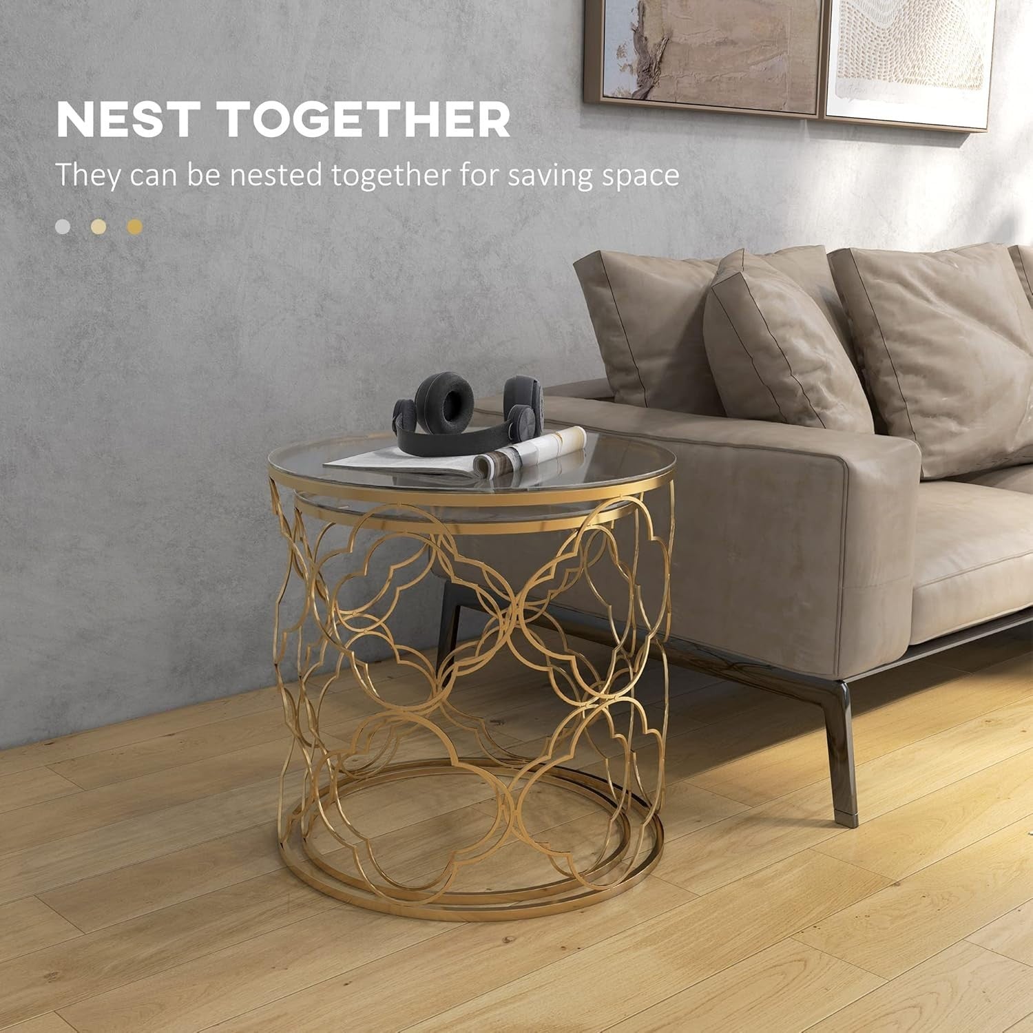 Nest of 2 Round Side End Tables Gold Tone Metal Frame Tempered Glass Top Modern