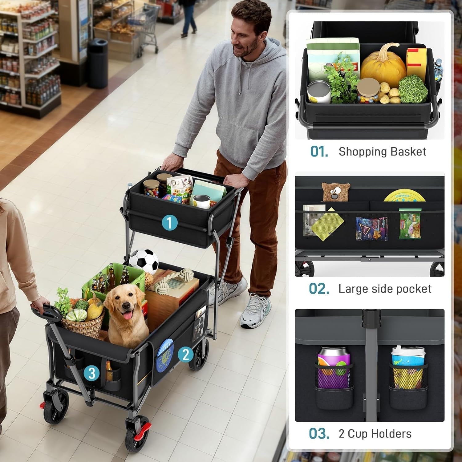 120kg Folding Camping Wagon Push Pull Trolley w/ Basket & Pockets Black