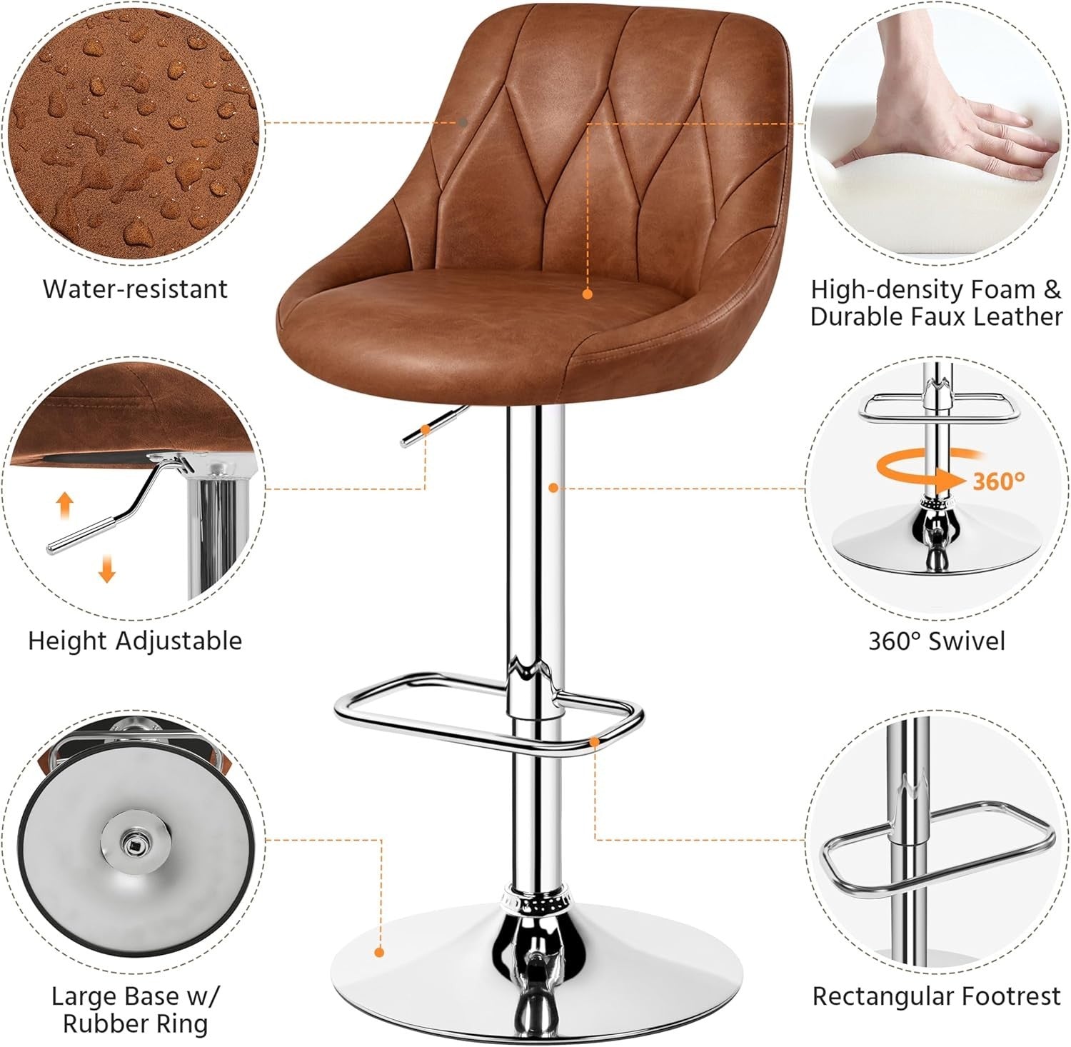 Set of 2 Adjustable Swivel Bar Stools – Retro Brown L-Shape