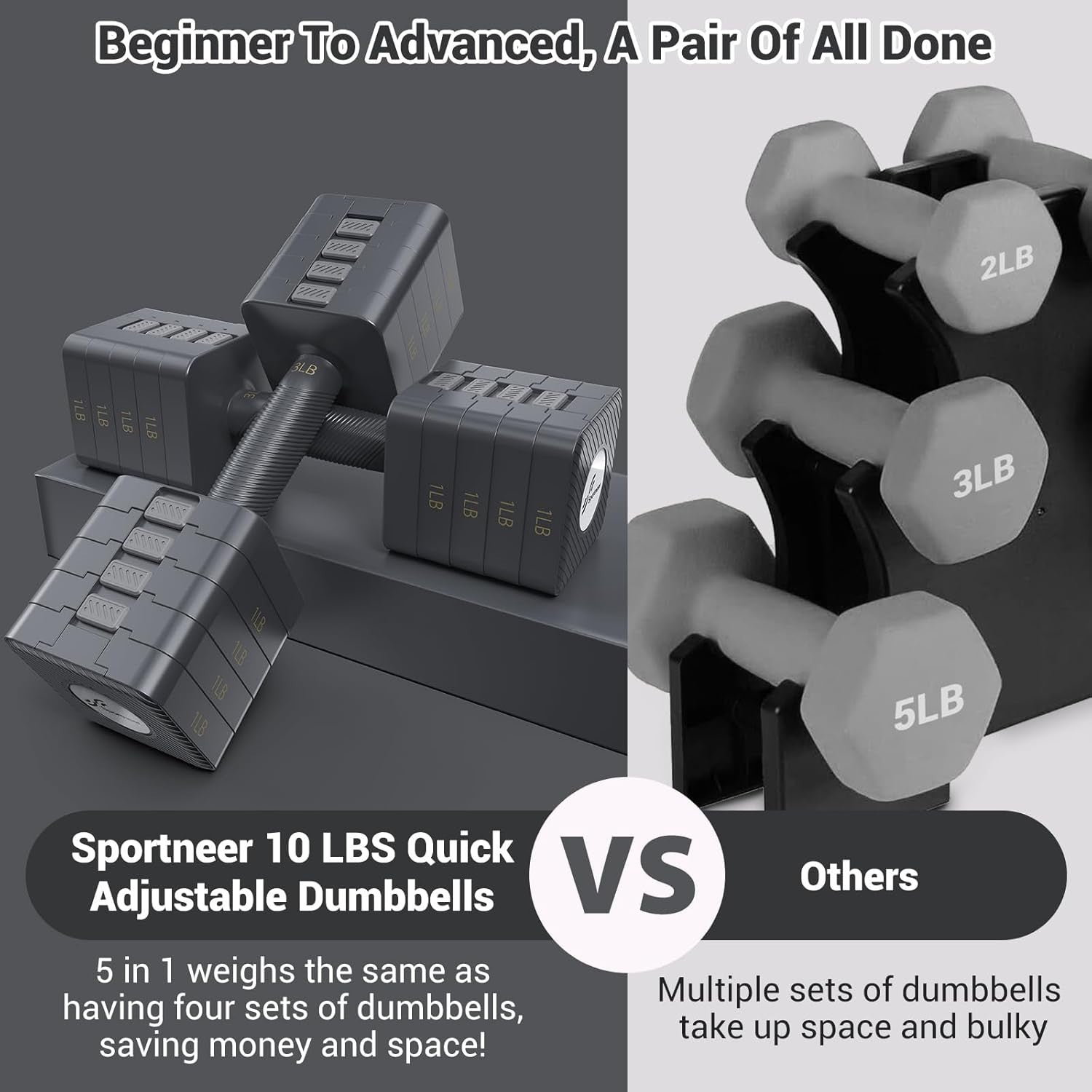 5-in-1 Adjustable Dumbbell Set Pair Up to 10kg Quick Change Home Gym Weights