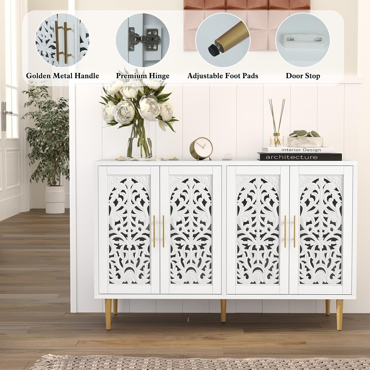 Vintage White Sideboard Cabinet 4 Doors Hollow Carved Buffet Storage Unit